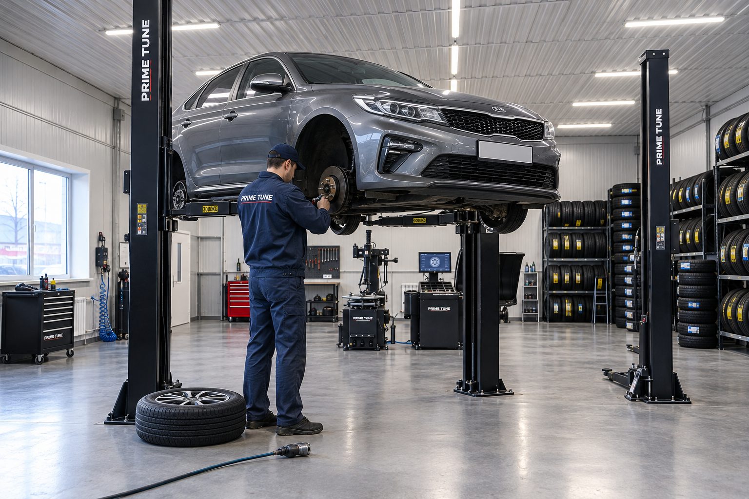 Мастер Prime Tune осматривает автомобиль на подъёмнике